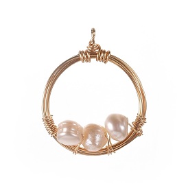 Natural Cultured Freshwater Pearl Pendants, with Brass Findings, Ring