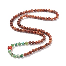Buddhist Necklace, Natural Wood & Striped Agate/Banded Agate & Carnelian Round Beaded Necklace for Women