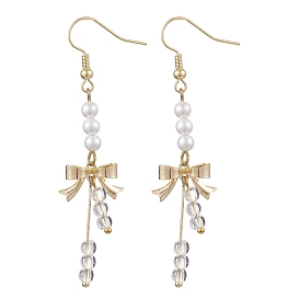 Shell Pearl Dangle Earrings, with Brass Connector Charms and 304 Stainless Steel Earring Hooks, Bowknot, White