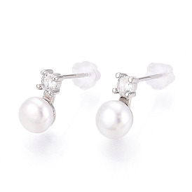 Серьги-гвоздики из натурального жемчуга из латуни, с четким кубического циркония, полукруглый