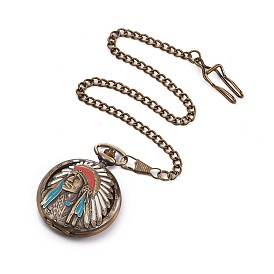 Alloy Enamel Quartz Pocket Watches, with Iron Chains, Flat Round with Indians