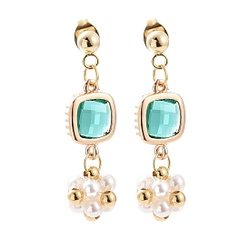Fleur de perle de coquille avec boucles d'oreilles pendantes carrées en verre, Boucles d'oreilles pendantes dorées en acier inoxydable pour femmes