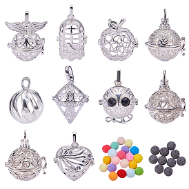 Fashion Hollow Cage Ball Pendants Making Sets, with Polyester High-elastic Pom Pom Balls and Lava Rock Perfume Beads