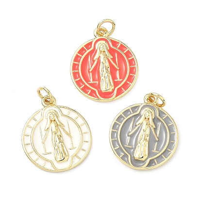 Латунь эмаль подвески, плоский круглый с подвесками Девы Марии, долговечный, стойки покрытие, без свинца и без кадмия, реальный 18 k позолоченный