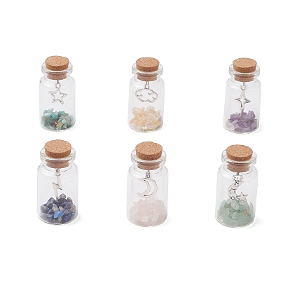 6шт. стеклянная бутылка желаний дисплей украшения, с натуральными кристаллами лазурита/амазонита/аметиста/цитрина/зеленого авантюрина и подвесками из сплава внутри статуэток для украшения домашнего офиса