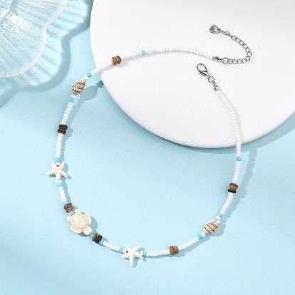 Ожерелья в стиле бохо с морскими черепахами и морскими звездами, украшенные панцирями и синтетической бирюзой., стекла семян бисера ожерелья