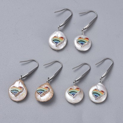 Natural Baroque Pearl Keshi Pearl Dangle Earrings, with Alloy Enamel Findings and 316 Surgical Stainless Steel Earring Hooks, Heart