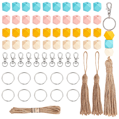 Kit de fabrication de porte-clés en bois à faire soi-même, y compris les perles de bois naturel polygone,  Porte-clés en étoile fer , fermoirs en alliage, cordon de jute et corde à gland
