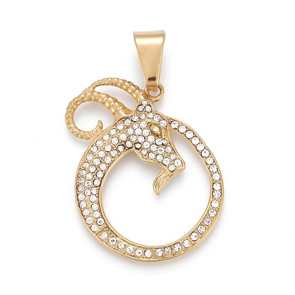 304 Stainless Steel Pendants, with Crystal Rhinestone, Goat