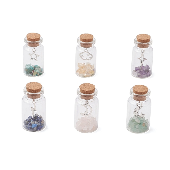 6шт. стеклянная бутылка желаний дисплей украшения, с натуральными кристаллами лазурита/амазонита/аметиста/цитрина/зеленого авантюрина и подвесками из сплава внутри статуэток для украшения домашнего офиса