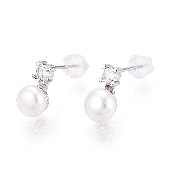 Серьги-гвоздики из натурального жемчуга из латуни, с четким кубического циркония, полукруглый