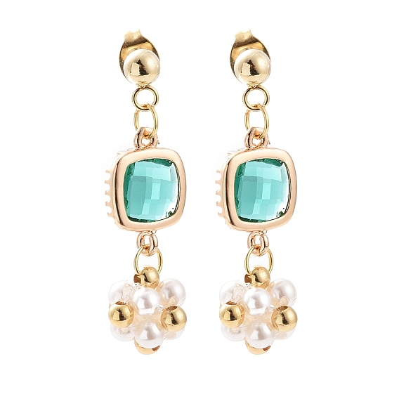 Shell Pearl Flower with Glass Square Dangle Stud Earrings, Golden 304 Stainless Steel Drop Earrings for Women