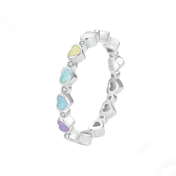 Сердце 925 Кольца для пальцев из стерлингового серебра с микропаве из прозрачных кубических цирконий и эмалью