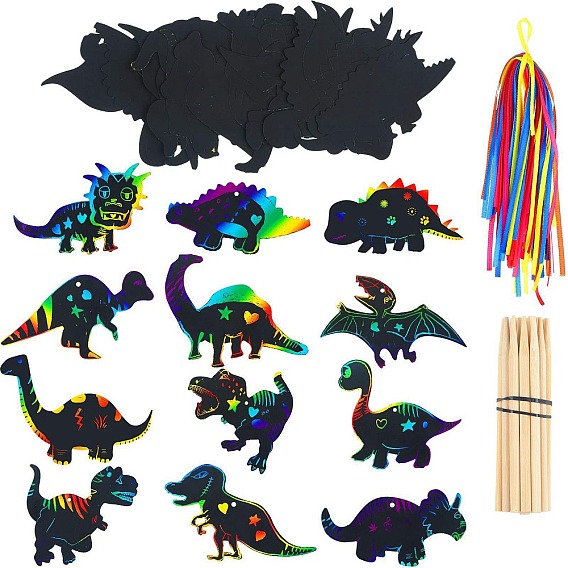 12Pcs Dinosuar Scratch Rainbow Painting Art Paper, DIY Animal Bookmark, with Paper Card, Wood Sticks and Ribbon
