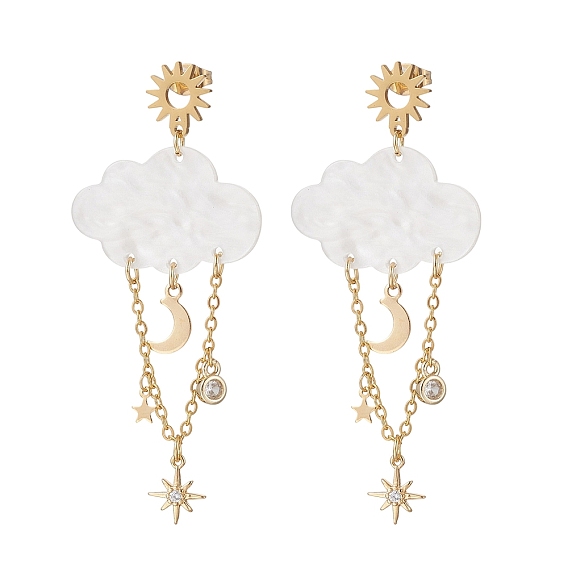 Акриловые серьги-гвоздики в виде облака и луны, с фурнитурой для сережек из латуни и 304/201 нержавеющей стали