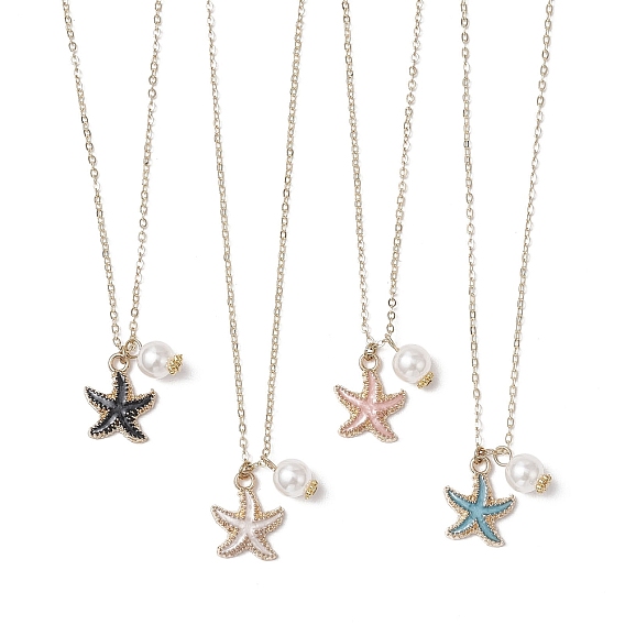 Летние пляжные ожерелья с подвесками из сплава морской звезды и пластика ABS с имитацией жемчуга, Латунные кабельные цепи ожерелья, реальный 18 k позолоченный