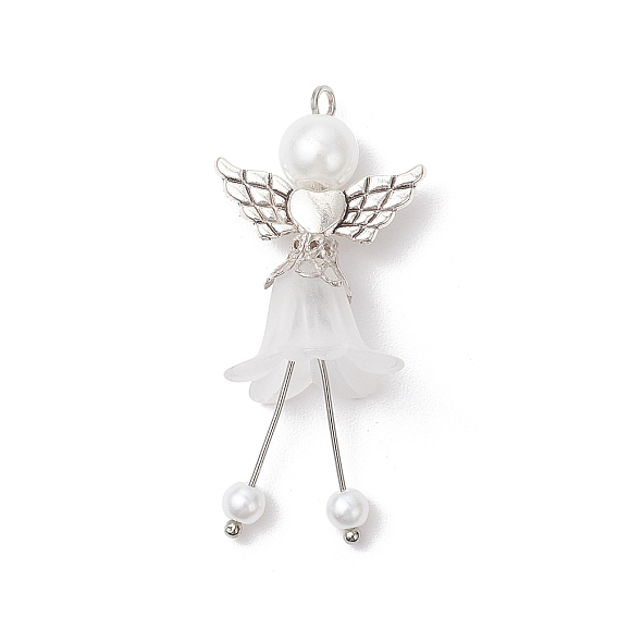 Подвески матовым акриловым, ангел, с фурнитурой из сплава и стеклянными жемчужными бусинами