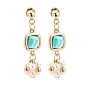 Shell Pearl Flower with Glass Square Dangle Stud Earrings, Golden 304 Stainless Steel Drop Earrings for Women