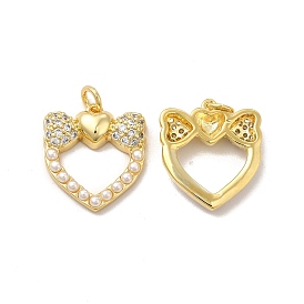 Rack Plating Brass Micro Pave Clear Cubic Zirconia Pendants, with Jump Rings & Acrylic Imitation Pearl, Long-Lasting Plated, Lead Free & Cadmium Free, Heart with Bowknot Charm