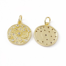 Brass Micro Pave Cubic Zirconia Pendants, with Glass Rhinestone & Jump Ring, Real 18K Gold Plated, Flat Round with Sun & Moon Charm