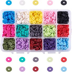 15 Colors Handmade Polymer Clay Beads, Disc/Flat Round, Heishi Beads