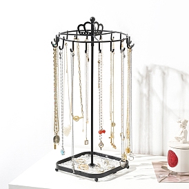 Rotatable Crown Iron Necklace Display Stands with Trays, Jewelry Organizer Holder for Necklces Rings Bracelets