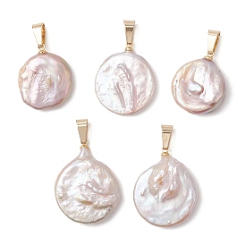 Подвески из натурального барочного жемчуга кеши с застежками из нержавеющей стали., плоские круглые прелести, цвет морской раковины