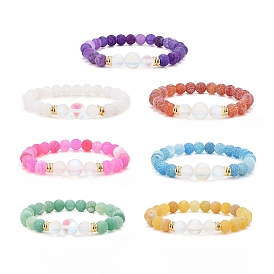 7Pcs 7 Color Natural Weathered Agate(Dyed) & Synthetic Moonstone Round Beaded Stretch Bracelets Set, Gemstone Stackable Bracelets for Women