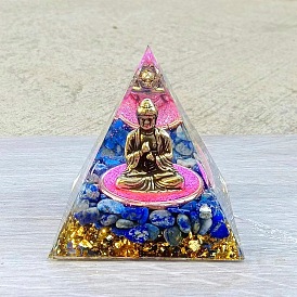 Orgonite Pyramid Resin Energy Generators, Reiki Natural Gemstone Chips & Golden Brass Buddha Staute Inside for Home Office Desk Decoration