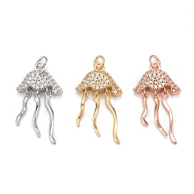 Brass Micro Pave Clear Cubic Zirconia Pendants, Long-Lasting Plated, Jellyfish