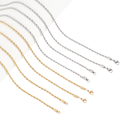 4Pcs 2 Colors 304 Stainless Steel Rope Chain Necklaces, with Lobster Claw Clasps
