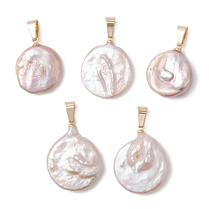 Подвески из натурального барочного жемчуга кеши с застежками из нержавеющей стали., плоские круглые прелести, цвет морской раковины