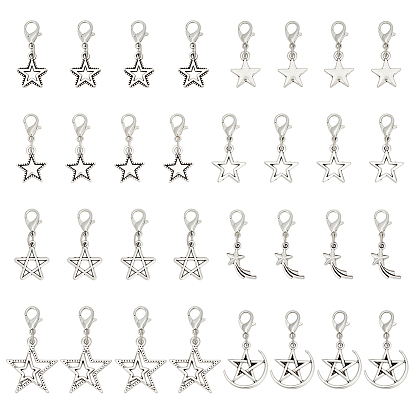 32Pcs 8 Colors Alloy Pendant Decorations, Star, with Alloy Lobster Claw Clasps