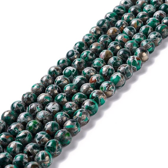 Malachite naturelles brins de perles, avec ligne en alliage de zinc, ronde