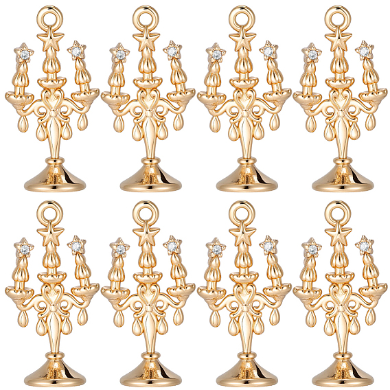 8Pcs Brass Micro Pave Cubic Zirconia Pendants, Candlesticks Charms