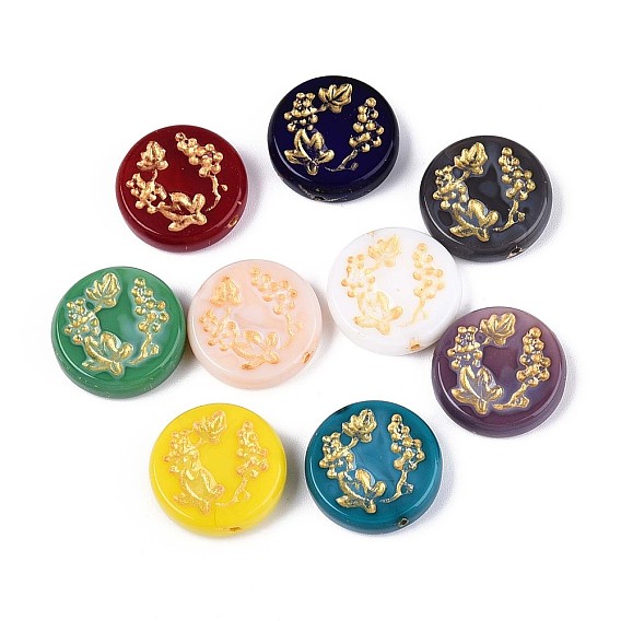 Стеклянные бусины, плоские круглые с цветком, золотой металл обвитыми