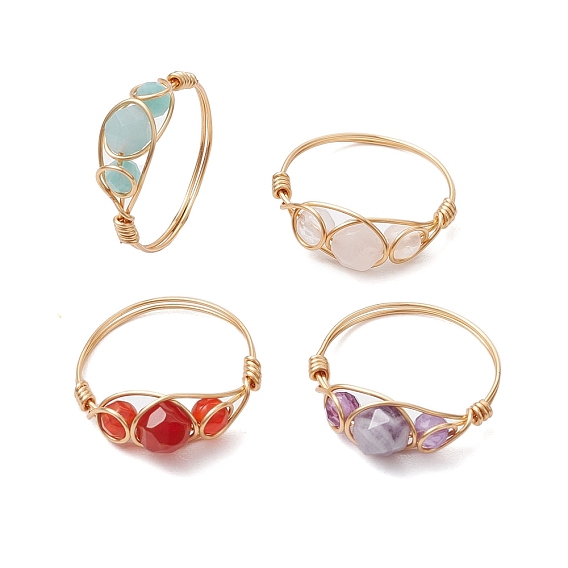 Круглое натуральное розовое кварцевое кольцо с аметистом, флюоритом, сердоликом, амазонитом и красным агатом, женское кольцо из медной проволоки