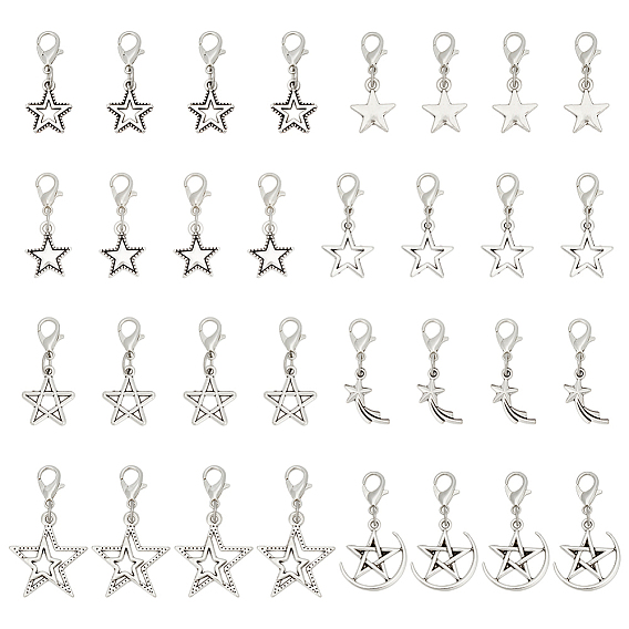 32Pcs 8 Colors Alloy Pendant Decorations, Star, with Alloy Lobster Claw Clasps