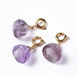 Natural Amethyst Lotus Seedpod Spring Ring Clasp Charms, Rack Plating Brass Spring Ring Clasps