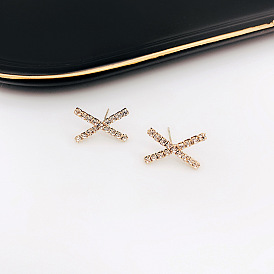 925 Silver Geometric Cross Inlaid Diamond Stud Earrings - Minimalist, Trendy, Unique.