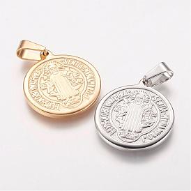 Ion Plating(IP) 304 Stainless Steel Pendants, Flat Round with Saint Benedict Medal
