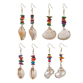 Dyed Shell & Electroplated Conch Shell Dangle Earrings, with 304 Stainless Steel Earring, Golden