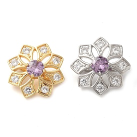 Brass Micro Pave Clear Cubic Zirconia Fold Over Clasps, Flower, Purple