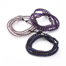 Three Loops Fashion Wrap Bracelets, with Natural Gemstone Beads, Cowhide Leather Cord, 304 Stainless Steel Sewing Buttons and Burlap Bag
