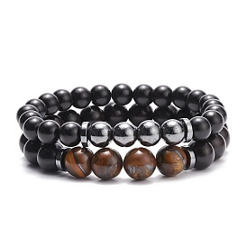 2Pcs 2 Style Natural Wood & Tiger Eye & Synthetic Hematite Beaded Stretch Bracelets Set, Gemstone Yoga Jewelry for Women