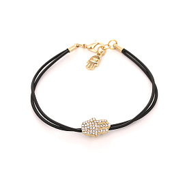 Alloy Inlaid Diamond Fatima Palm Bracelet - PU Woven Bracelet