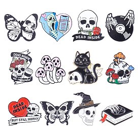 12Pcs 12 Style Skull & Rose & Heart & Mushroom & Butterfly Enamel Pin, Electrophoresis Black Alloy Halloween Badge for Backpack Clothes