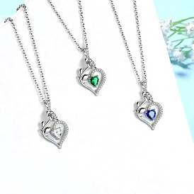 Rhodium Plated 925 Sterling Silver Pave Cubic Zirconia Rose Heart Birthstone Pendant Cable Chain Necklaces, Platinum