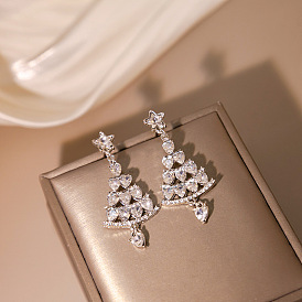 Sparkling Silver Needle Diamond Earrings for Women, Elegant Christmas Tree Ear Drops that Slim Your Face and Match Any Outfit.