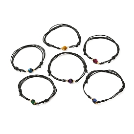 Adjustable Natural Faceted Tiger Eye Braided Bracelets, with Tibetan Style Alloy Spacer Beads & Waxed Cotton Cord